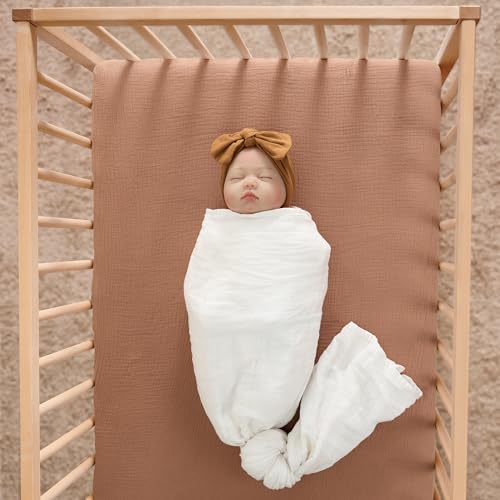 Image of Meracorallo Muslin Pack and Play Fitted Sheet, 100% Cotton, Camel