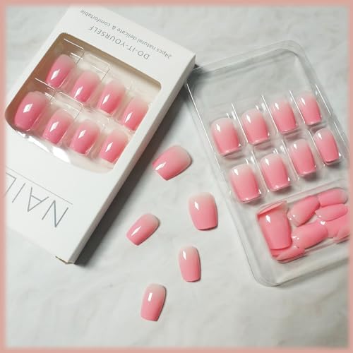 24Pcs Gradient Press on Nails with Ombre Design, Gradient Manicure Art Acrylic Short Coffin Full Cover Fake Nails Stick on Nails Glossy Pink Ombre False Nails Gel Glue on Nails for Women Girls - Image 3