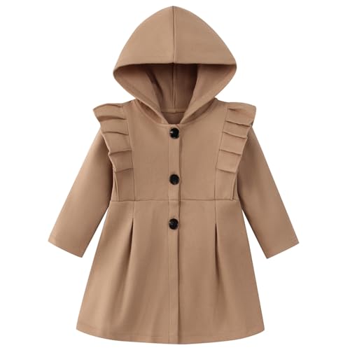 Image of USKIDKK Toddler Baby Girl Clothes Jacket Coat Long Sleeve Solid Color Buttons Hooded Trench Coat Dress Fall Winter Outfit (Khaki,1-2T)
