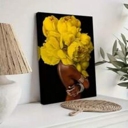 Peinture sur toile de femme africaine avec fleur jaune cadre en bois noir - 5