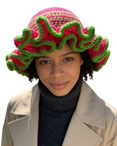 Image of Women Crochet Bucket Hat Cute Winter Ruffled Brim Floppy Cap Handmade Knit Cloche Hats