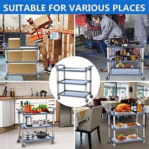 3-Tier Plastic Service Utility Cart with Wheels, Service Cart Heavy Duty 3-Shelf Rolling Utility/Push Cart, Food Service Cart for Foodservice/Commercial/Restaurant/Office/Kitchen/Hotel, Grey - Thumbnail 7