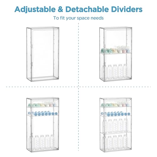 Image of HBlife Baby Bottle Storage Organizer Wall Mount, 4 Tiers Adjustable Clear Acrylic Bottles Storage Station Case Box Container with 3 Removable Dividers and Magnetic Door for Countertop Cabinet, Large