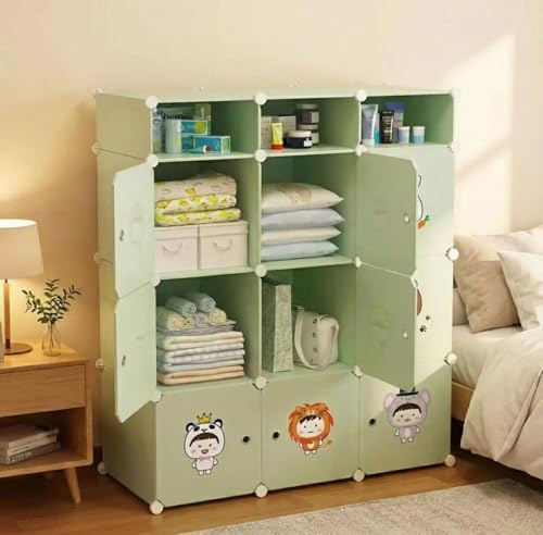 Image of Sunderlook Plastic Wardrobe for Kids Clothes - Professional Collapsible Wardrobe, Easy to Use Foldable Almirah, Plastic Cupboard for Kids for Home (Green-B5, 9 Door)