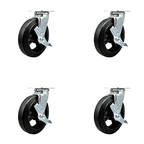 Rubber on Metal Swivel Top Plate Casters Set of 4 Heavy Duty with 8 Inch Wheels - Includes 4 Swivel with Top Lock Brakes – 2,000 lbs. Total Capacity - Service Caster Brand