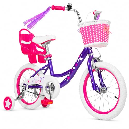 Yventix 14 Inch Kids Bike for Girls Ages 3-5 Training Wheels, Children Bicycle with Basket, Bell, Streamers, Coaster Brake, Adjustable Seat & Saddle, for Beginner Riders, Purple