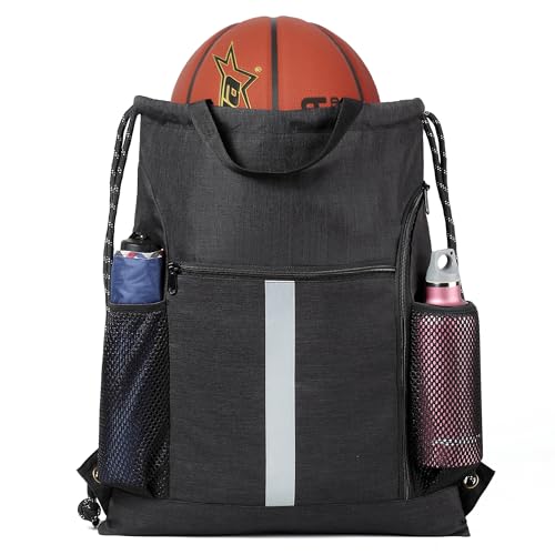 Image of BeeGreen Mix-Black-Drawstring-Backpack-Bag, Large String Sack with Shoe Compartment and Two Side Mesh Pockets Lightweight Sturdy For Gym