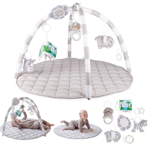 Image of SnapPea Baby Company Baby Activity Mat. Gray Baby Play Mat, Tummy Time Mat with 6 Baby Toys. Non Slip, Soft Plush Baby Play Gym Mat. Portable Baby Gym, Infant Floor Playmat for Playroom, Nursery