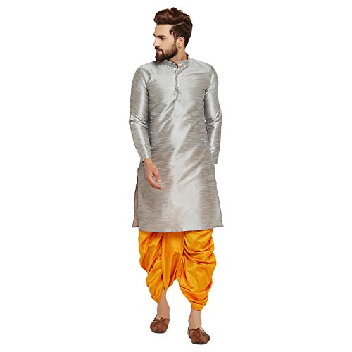 Image of SOJANYA (Since 1958 Men's Off-White and Gold Dupion Silk Dhoti Kurta Set