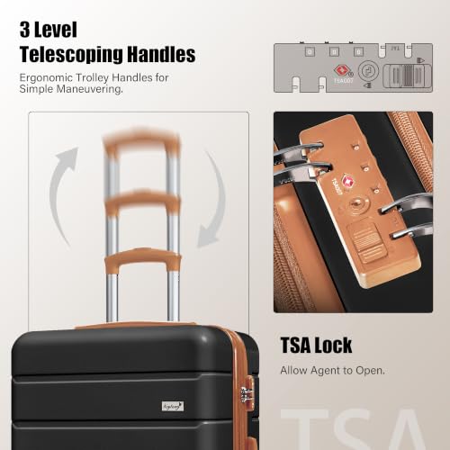 Image of KEYTANG SmileLine 3-Piece Luggage Set Lightweight Hardside Suitcase TSA Lock Spinner Wheels, 20 inch Expandable Carry-On Luggage with Quick Access Front Open Pocket, Bonus Makeup Bag,Apricot Black