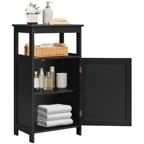 Image of Yaheetech 4-Tier Bathroom Floor Storage Cabinet, Bathroom Free Standing Storage Organizer with Single Door and Adjustable Shelf, Narrow Side Cabinet for Living Room, Kitchen, Hallway, Black
