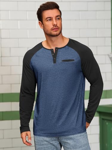 Runcati Mens Henley Shirts Raglan Long Sleeve Casual T-Shirts Color Block Button Shirt Vintage Tops with Pocket2