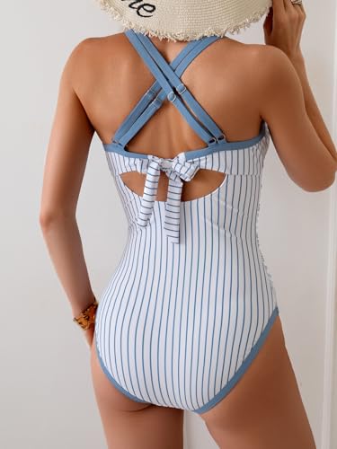 B2prity Women's One Piece Swimsuit Tummy Control Slimming Bathing Suit V Neck Neon Color Block Tie Back Swimwear2