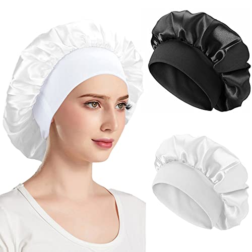 Gorro de raso para el cabello de noche, gorro de seda para el cabello, noche, gorro de satén para mujer, gorro de satén para el cuidado del cabello (negro+blanco)