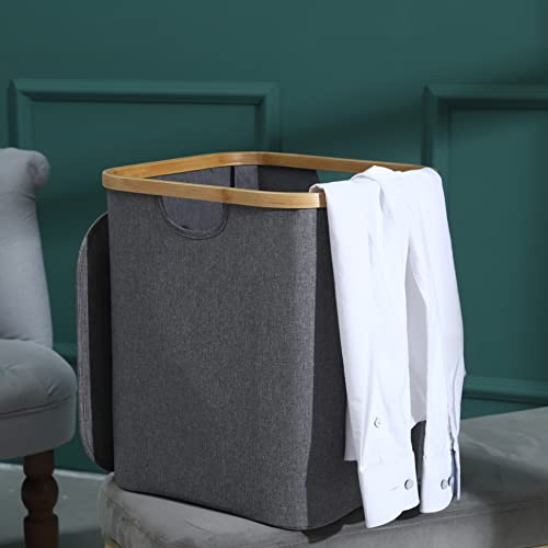 Laundry Basket Hamper With Lid 60L Collapsible Dirty Clothes Basket Organizer With Bamboo Handle Closet Storage Bin For Bedroom Bathroom Laundry Room, Grey #TOP5