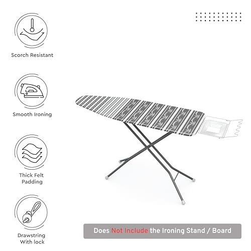 Image of Encasa XO Ironing Board Cover with 3mm Thick Felt Pad for Steam Press (Fits Standard Large Boards of 125x39 cm) Heat Reflective, Scorch & Stain Resistant, Printed - Grey Bunting