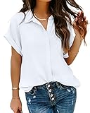 Pausus White Button Down Shirt Women V Neck Collared Short Sleeve Casual Business Plain Chiffon Blou