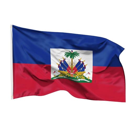 PHENO FLAGS Drapeau Haïti 90 x 150 cm - Drapeau national résistant aux intempéries en polyester avec double couture et œillets métalliques
