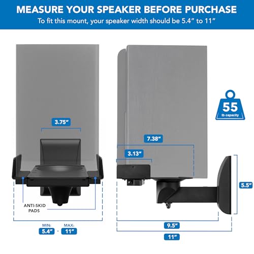 Image of Mount-It! Bookshelf Speaker Wall Mount, Pair of Universal Side Clamping Speaker Shelf Wall Mounting Brackets for Large or Small Speakers, 2 Full Motion Mounts, 55 Lbs Capacity, Black (MI-SB37)