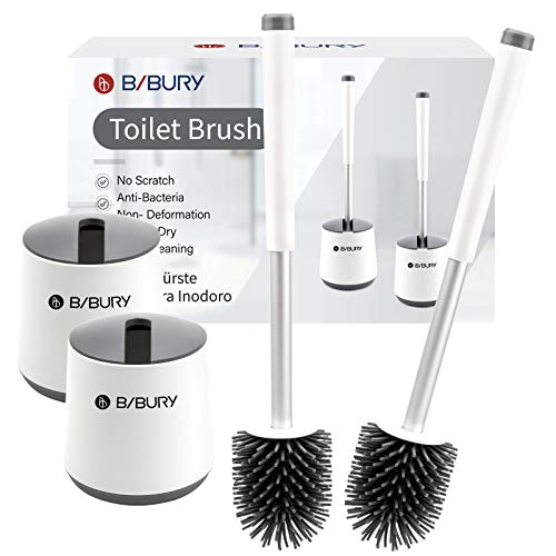Cepillo y Soporte para Inodoro, BIBURY Escobillas de Baño Silicona Paquete de 2, Accesorios Baño/Escobilla WC/Cepillo Limpieza, Cepillo Y Soporte para Inodoro de Silicona, Cerdas Flexibles (Blanco)