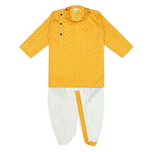 Superminis Boy's Cotton Kurta with Dhoti - Golden Thread Work, Round Collar, Side Button Kurta Set for Ethnic Wear (Yellow+White, 3-6 Months)