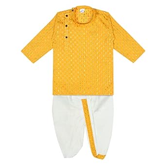 Superminis Boys Cotton Kurta with Dhoti - Golden Thread Work, Round Collar, Full Sleeves, Side Button Kurta Set for Ethnic Wear