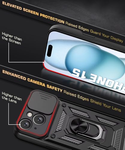 Image of WOW IMAGINE Tough Armor Bumper Mobile Back Case for iPhone 15 | Sliding Camera Shield Cover | Shock Proof 360 Protection | Hybrid PC + TPU | Ring Holder with Kickstand - Black