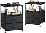 EnHomee Nightstand Set of 2, Bedside Table with Fabric Drawers and Open Wood Shelf Storage, Bed Side