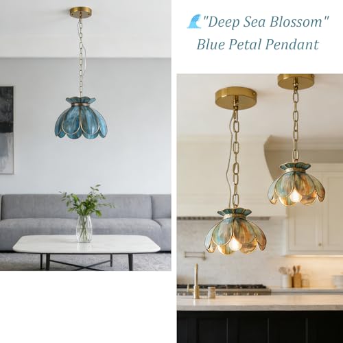 Image of Brass Glass Ceiling Pendant Light, Hanging Chain lamp, with Vintage Lotus Flower Blue Green Glass Shade for Kitchen Island Dining Room Bedroom Living Room-7.9 inch Shade