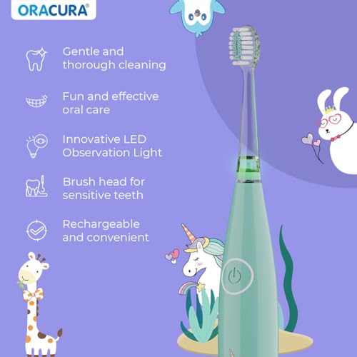 Image of ORACURA KSB200 Kids Sonic Electric Rechargeable Toothbrush, 3-10 Years, 24,000 strokes /min, With 3 Modes, IPX7 Waterproof, Smart 2-Min Timer, Rechargeable Lithium Battery, LED & Colorful Lights (Green)
