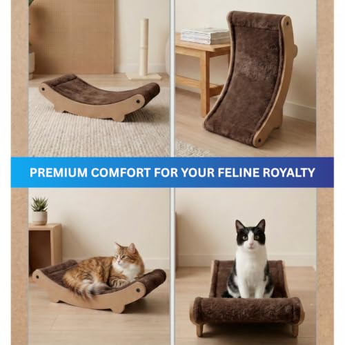 Image of Cat Hammock Bed with Plush Cushion, Wooden Curved Rocker Design, 23x13x6 Inch, Premium Comfort Lounger for Cats (FURR-162) (Brown)