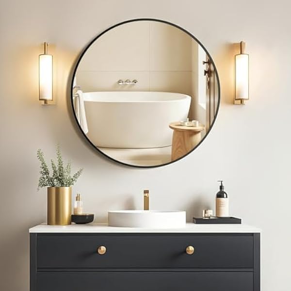 Lustro okrągłe, czarne, 60 cm, HD, lustro ścienne, nowoczesne lustro łazienkowe z aluminiową ramą, wiszące lub klejone, dekoracyjne okrągłe lustro do łazienki, korytarza, salonu, sypialni