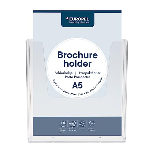 EUROPEL Prospekthalter Wandmontage Einzelfach für DIN A5 im Hochformat Transparent Acryl Broschürenständer für Büros Broschürenhalter für Menü Faltblatt Flyer