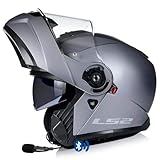 LS2 FF908 Strobe II Titanio Mate - Twiins HF3 Bluetooth-Intercom Integrado - Casco de Moto Modular con Visor Solar - Homologado ECE 22.06 (M)
