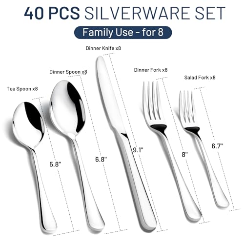 KIKCOIN 40 Pack Silverware Set for 8, Balanced Weight Stainless Steel Flatware Set, Mirror Polished Spoons And Forks Knife Set, Heavy Duty Cutlery Utensils Set for Home Kitchen Restaurant Wedding - Image 3