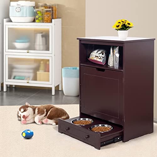 Facilehome Pet Feeding Station for Dog and Cat with Food Storage,Wooden Pet Feeder Station Storage Cabinet with Pull Out Bowls in Drawer,Pet Toy Storage Bin,Brown Facilehome Pet Feeding Station for Dog and Cat with Food Storage,Wooden Pet Feeder Station Storage Cabinet with Pull Out Bowls in Drawer,Pet Toy Storage Bin,Brown