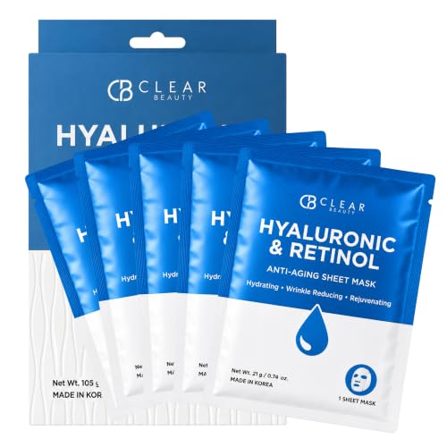 Clear Beauty Sheet Mask with Hyaluronic Acid & Retinol – Hydrating & Anti-Aging Formula For Dry, Dull, Wrinkled Skin – Dermatologist Tested, Korean Skin Care – Vegan Clean Beauty – 5 Sheets