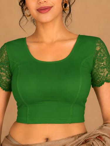 Image of Abhi Cotton Readymade Saree Blouse for Women- Half Net Sleeves, Round Neck, Regular-fit, Stretchable, Pull-on Style Blouse