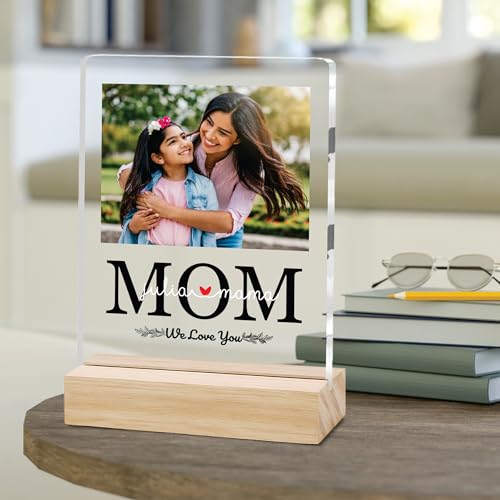 Image of Giftplease Customized Photo And Text Frame With Wooden Stand | Personalised Printed Photo Frame | Gift For Mom | Birthday | Mother's Day | Anniversary (Transparent, 5MM, 6 * 8 Inches), Tabletop