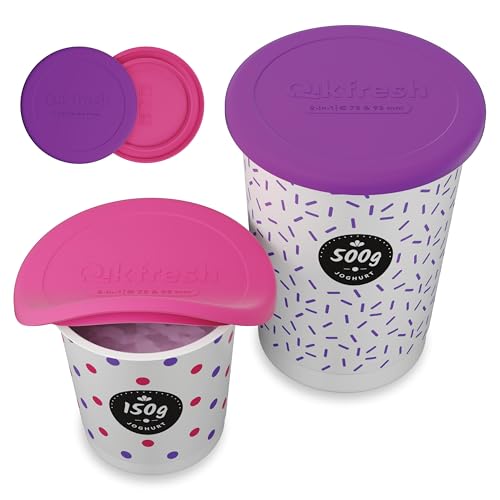 Qikfresh Mehrweg Silikondeckel - 2er Set - Wiederverwendbare Joghurtdeckel für 150-500 g Joghurtbecher - Luftdicht, auslaufsicher & flexibel - Frischhaltedeckel aus Silikon (Lila)