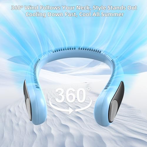 Image of Portable Neck Fan, Personal Wearable Bladeless Fan for Outdoor Indoor, LED Display, 360 Cooling, 4-Speeds, 6000mAh USB Rechargeable, Birthday Gifts for Men Women Dad Mom (Light blue)