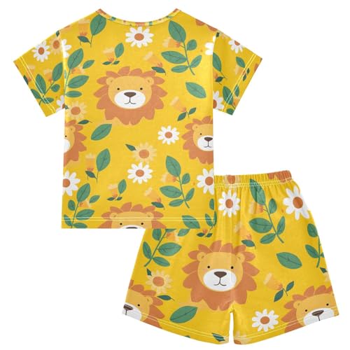 ALAZA Cute Lion Blossom Yellow Pajamas Set Short Sleeve Cotton Sleepwear Summer Pjs 2 Piece 5-14Y2