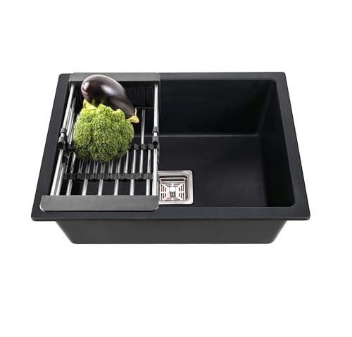 Image of Fossa 10-Year Warranty Pure Quartz Kitchen Sink 24 x 18 x 9 Inch | Single Bowl Granite Sink | Scratch & Heat Resistant | Includes Waste Coupling, Waste Pipe & Strainer | Top Mount | Black Matte Finish