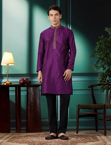 Image of SOJANYA Men's Silk Blend Kurta for Navratri | Paisley Print Regular Fit Ethnic Kurta for Festival & Puja