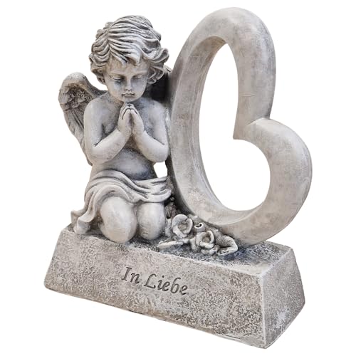 Grabengel mit Herz und Rosen „In Liebe“ grau 18x8x19 cm aus Polyresin – Grabdekoration für würdige Gedenkplätze – Logbuch-Verlag