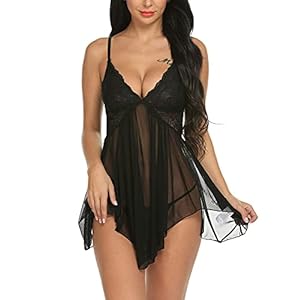 Avidlove Kanten negligé voor dames, dessous, jurk met V-hals, babydoll, lingerie, nachtkleding, set nachtjurk met G-string, sexy nachtkleding, A-zwart, S