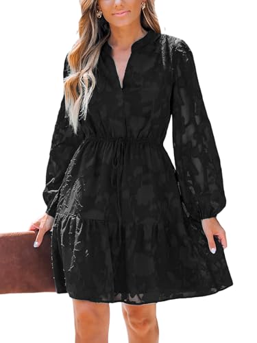 CUPSHE Damen Kleid Blumenmuster V-Ausschnitt Spitze Langarm Herbst Freizeitkleider mit Gürtel Rüschen A-Linie Elegant Mini Dress Schwarz M