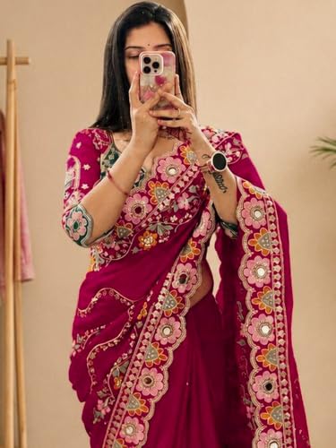 Image of AKHILAM Women's Pure Georgette Saree, Heavy Zari Embroidery, Mirror & Sequin Work, Cutwork Border, Pink, with Blouse Piece