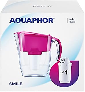 AQUAPHOR Smile Fridge Water Filter Jug, Includes 1x A5 Filter Cartridge to Reduce Limescale, Chlorine & Heavy Metals, Plastic, Volume 2.9 L, Cyclamen Pink