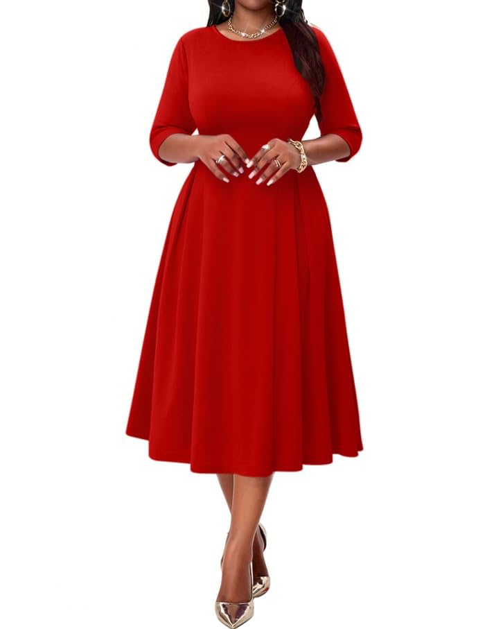 NMODER Womens Cocktail Dress 3 4 Sleeve Elegant Church Dresses for Women Midi Work Crewneck Dress with Pockets